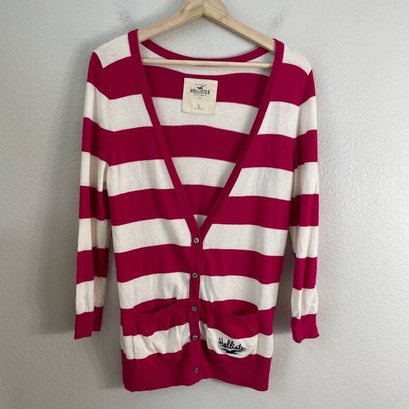 Y2K Hollister Womens Large Striped Cardigan Sweater Pink White Knit Button Up - Picture 6 of 8